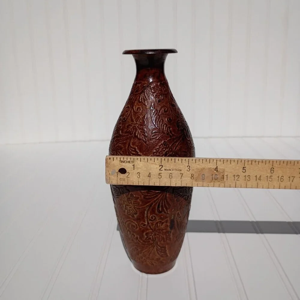 Vtg Cast Bronze Vase Grape & Vine Embossed Bottle Mid-Century Verdigris 9.75